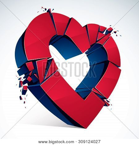 Broken Heart Concept Breakup, 3d Realistic Vector Illustration Of Heart Symbol Exploding To Pieces. 