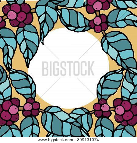 Round Frame From Coffee Tree Branches, Against White Background. Illustration For Fair Trade Product