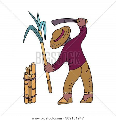 Sugar Cane Collector With Machete In Doodle Style With A Stroke. Icon For Games And Apps. Illustrati