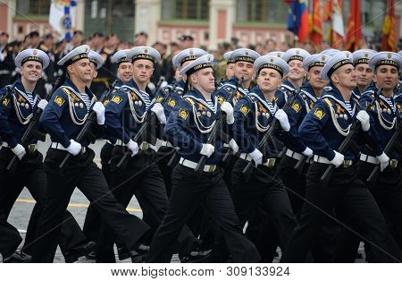 Moscow, Russia - May 9, 2019: Cadets Of The Black Sea Higher Naval School Named After Admiral Nakhim