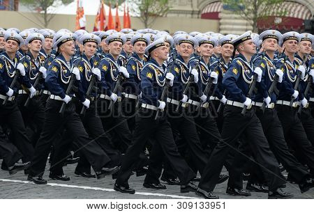 Moscow, Russia - May 9, 2019: Cadets Of The Black Sea Higher Naval School Named After Admiral Nakhim