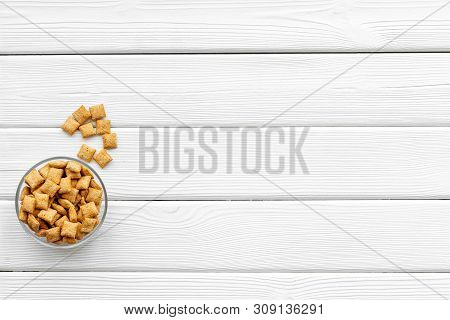 Cereals, Oatflakes And Cornflakes For Healthy Breakfast On White Wooden Background Top View Mock Up