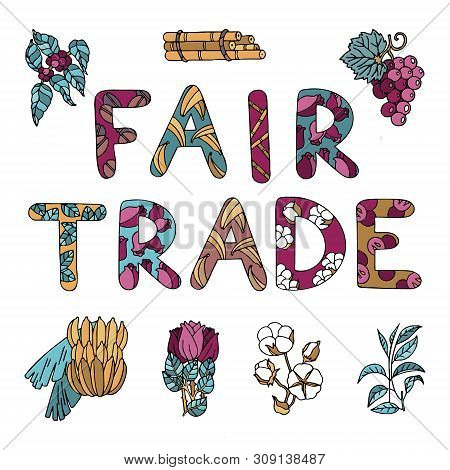 Fair Trade Lettering With Letters Filled In With Main Fair Trade Products, Such As Bananas, Sugar Ca