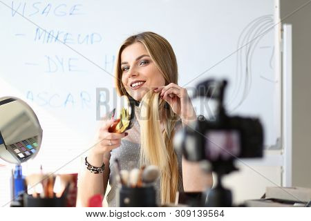 Blogger Person Streaming Video Beauty Tutorial. Hair Care Internet Cources Concept. Fashion Vlogger 