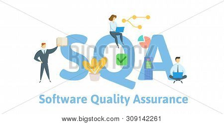 Sqa, Software Quality Assurance. Concept With Keywords, People And Icons. Flat Vector Illustration. 