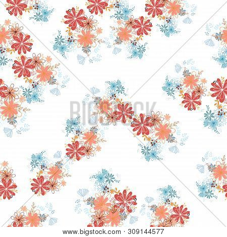 Seamless Pattern Clear Shaped Flowers Mixed Bouguet. Simple Flowers In Bouguets