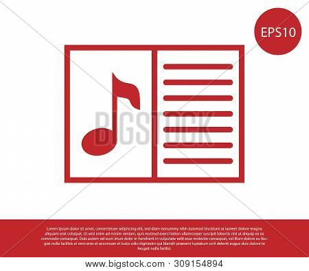 Red Music Book With Note Icon Isolated On White Background. Music Sheet With Note Stave. Notebook Fo
