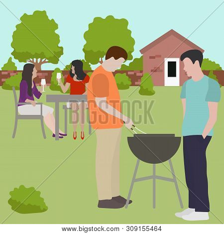 Vector Illustration With People Having Bbq Party In The Backyard. Bbq Party Background. Family, Frie