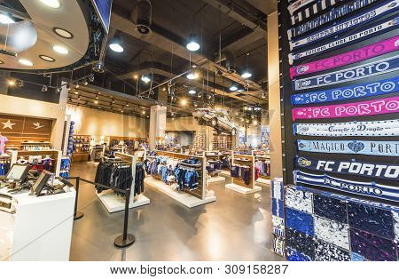 Porto, Portugal - April 2018: Rich Choice In The Fan Shop At Estadio Do Dragao Stadium