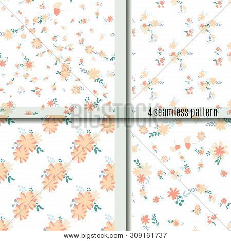 Set Seamless Pattern Bouquets Of Simple, Clear, Ordinary Flowers Bright And Cute