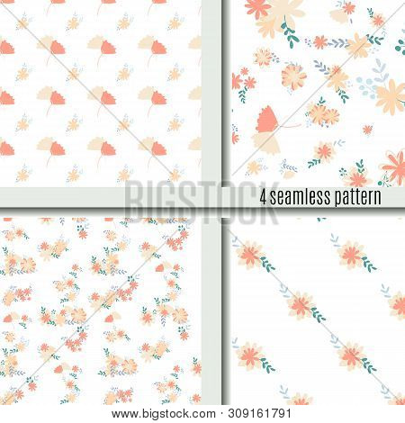 Set Seamless Pattern Bouquets Of Simple, Clear, Ordinary Flowers Bright And Cute