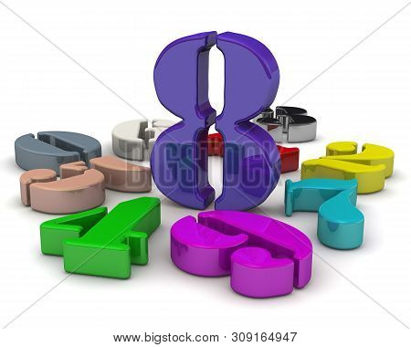 Number Eight In The Middle Of Numbers. 3d Colorful Numbers Lying On White Background With The Number