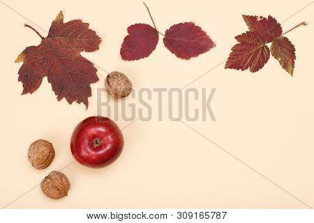 Apple, Walnuts And Dry Leaves On Beige Background. An Autumn Still Llife. Top View With Copy Space.