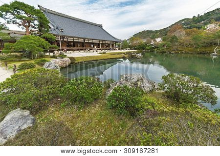 Garden With Pond In Front Of Tenryu-ji Temple At Arashiyama, Kyoto, Japan