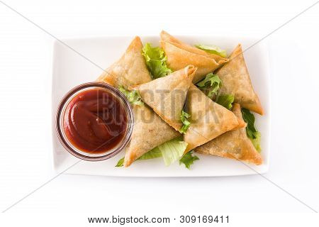 Samsa Or Samosas With Meat And Vegetables Isolated On White Background . Traditional Indian Food. To