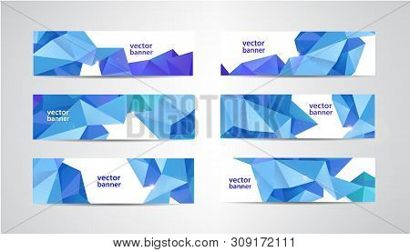 Vector Set Of Banners With Polygonal Geometric Background, Facet, Low Poly, Traingles Headers