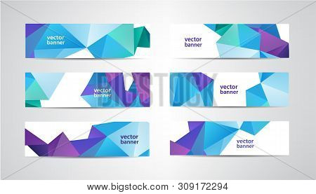Vector Set Of Banners With Polygonal Geometric Background, Facet, Low Poly, Traingles Headers