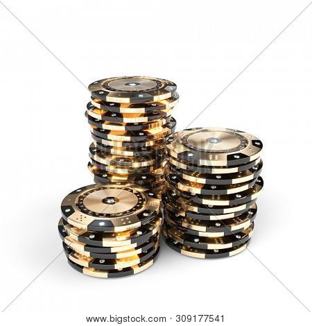casino luxury chips in gold and black with diamond inserts on a white background. 3d render image