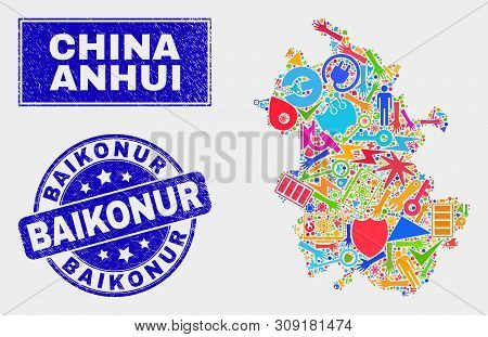 Mosaic Technology Anhui Province Map And Baikonur Seal Stamp. Anhui Province Map Collage Made With S