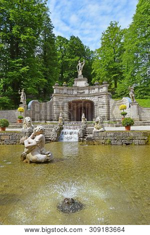 Salzburg, Austria - May 25, 2019 : Trick Fountains And Sculptures At The  Public Gardens Of Hellbrun