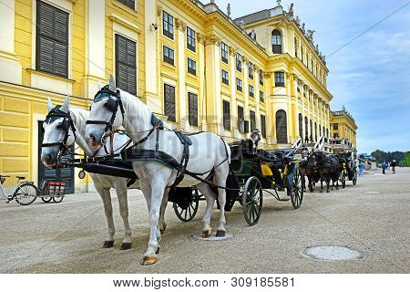 Vienna, Austria - 27 May 2019 : Horses And Carriages Near Schonbrunn Palace, Main Summer Residence O