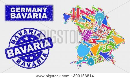 Mosaic Tools Bavaria Land Map And Bavaria Seal Stamp. Bavaria Land Map Collage Designed With Random 