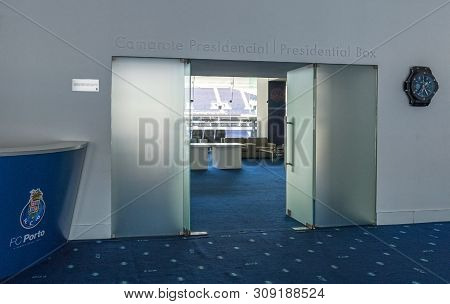 Porto, Portugal - April 2018: Entrance To The Presidential Box At Estadio Do Dragao Arena