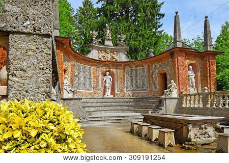 Salzburg, Austria - May 25, 2019 : Trick Fountains Hidden In A Dinner Table And Sculptures At The Po