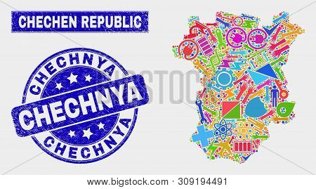 Mosaic Service Chechen Republic Map And Chechnya Seal Stamp. Chechen Republic Map Collage Made With 