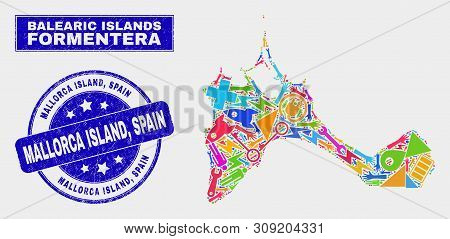 Mosaic Service Formentera Island Map And Mallorca Island, Spain Seal Stamp. Formentera Island Map Co