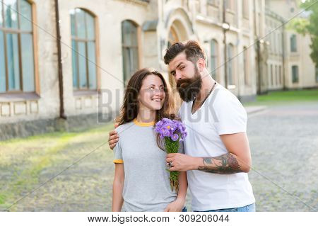 Romantic Date. Guy Prepared Surprise Bouquet For Girlfriend. True Feelings. Pick Up Girl For Date. B