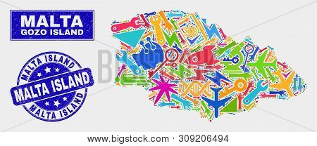 Mosaic Industrial Gozo Island Map And Malta Island Seal Stamp. Gozo Island Map Collage Constructed W