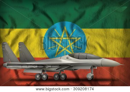 Fighter, Interceptor On The Ethiopia Flag Background. 3d Illustration