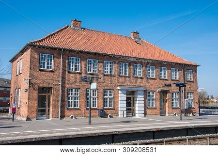 Glumso Denmark - April 8. 2019: The Main Building Of Glumsoe Train Station