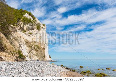 Mon Denmark - May 5. 2018: Tourists At The Beach Of Mons Klint Chalk Cliffs
