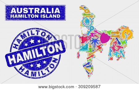 Mosaic Service Hamilton Island Map And Hamilton Seal Stamp. Hamilton Island Map Collage Designed Wit