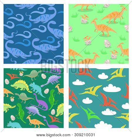 Set Of Seamless Texture With Dinosaurs. For Scrabbooking, Fabrics, Wrapping Paper And Other. Vector 