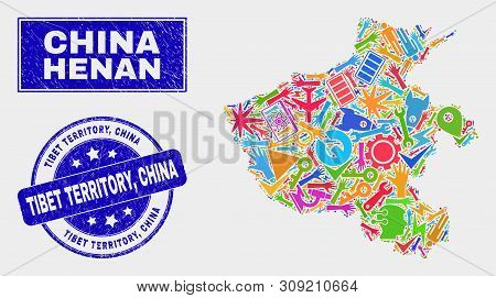 Mosaic Tools Henan Province Map And Tibet Territory, China Seal. Henan Province Map Collage Formed W