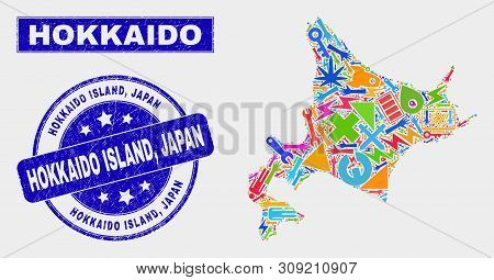 Mosaic Tools Hokkaido Map And Hokkaido Island, Japan Seal Stamp. Hokkaido Map Collage Designed With 