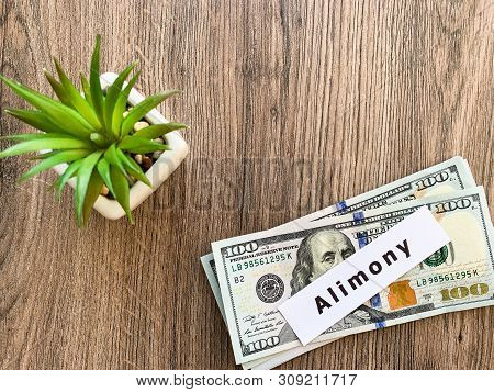 Payments Alimony. Pile Dollars With Sign Alimony And Money. Divorce And Separation Concept.