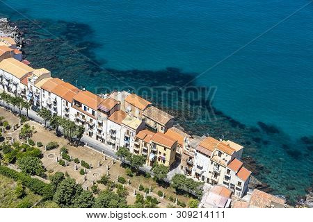 Aerial View Of Cefalu Old Town, Sicily, Italy. Cefalu Is One Of The Major Tourist Attractions In Sic