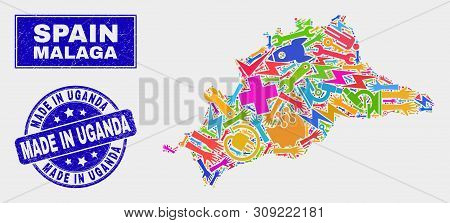 Mosaic Industrial Malaga Province Map And Made In Uganda Seal Stamp. Malaga Province Map Collage Cre