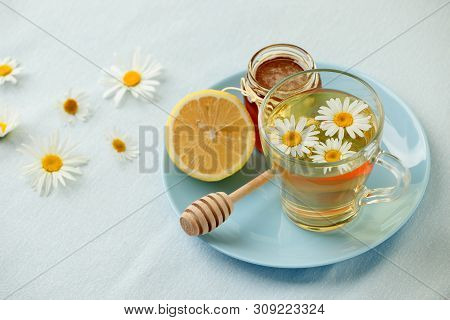 Chamomile Flowers And Chamomile Tea. Chamomile Tea In Glass Teacup With Flowers, Honey And Lemon, To