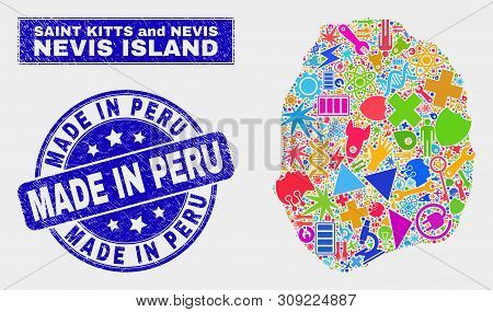 Mosaic Technology Nevis Island Map And Made In Peru Seal Stamp. Nevis Island Map Collage Created Wit