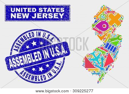 Mosaic Service New Jersey State Map And Assembled In U.s.a. Seal Stamp. New Jersey State Map Collage