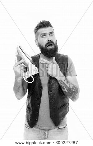 Man Bearded Hipster Hold Electric Ironing Tool. How Iron Clothes Correctly. Guy With Iron On White B
