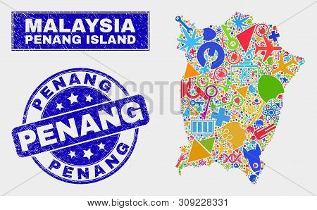 Mosaic Service Penang Island Map And Penang Seal Stamp. Penang Island Map Collage Created With Rando