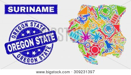 Mosaic Technology Suriname Map And Oregon State Stamp. Suriname Map Collage Composed With Scattered 