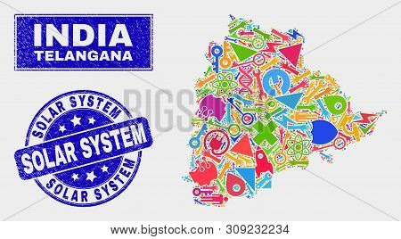 Mosaic Service Telangana State Map And Solar System Seal Stamp. Telangana State Map Collage Created 