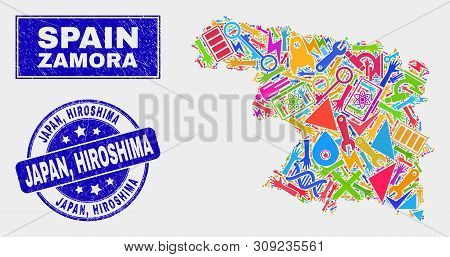 Mosaic Tools Zamora Province Map And Japan, Hiroshima Stamp. Zamora Province Map Collage Constructed